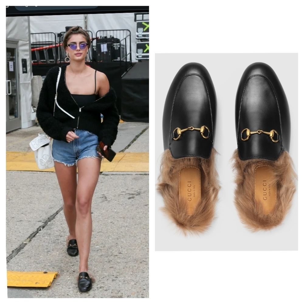 Gucci Size 37 Princetown fur black leather horse bit mules loafers Celebrity